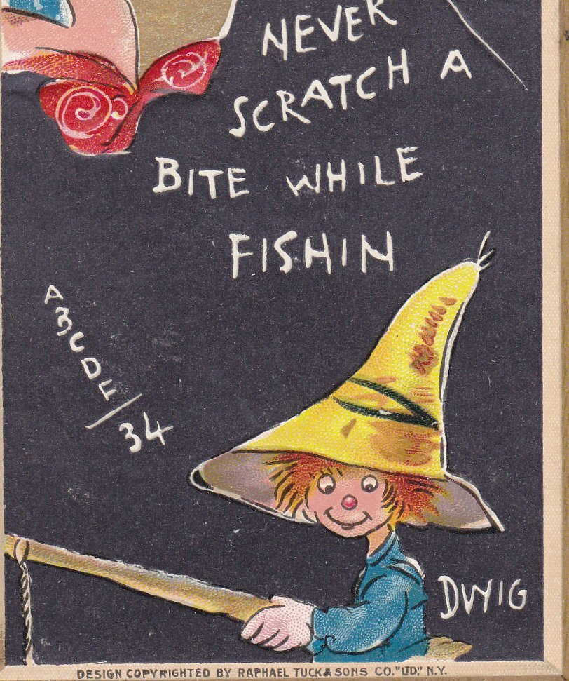 Never Scratch A Bite While Fishing- 1910s Antique Postcard- School Days Ophelia Comic- Dwig Art- Artist Signed- Raphael Tuck & Sons- Used
