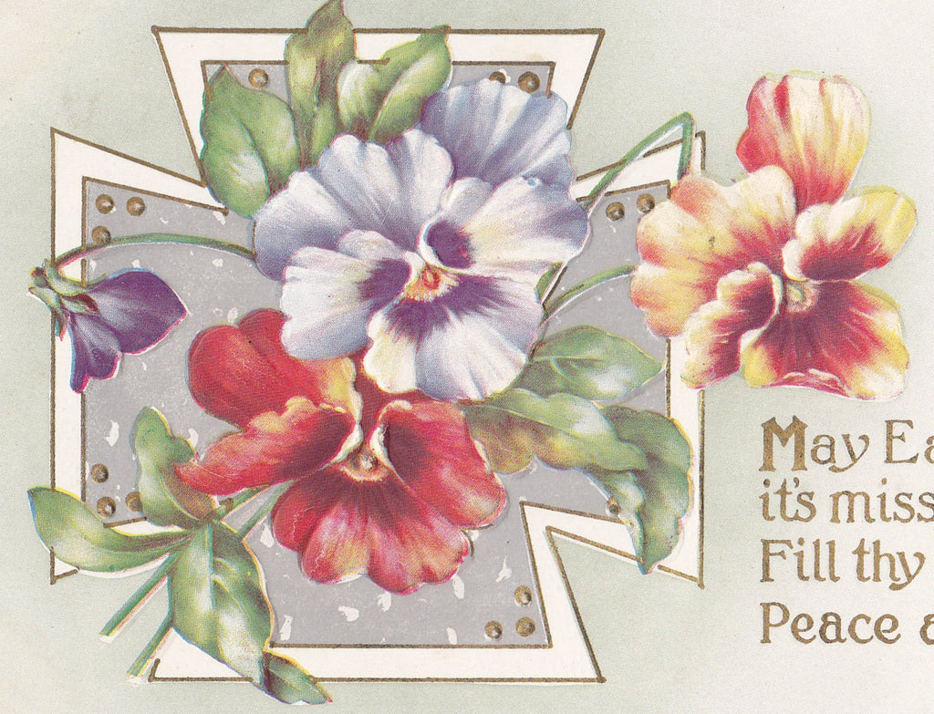 Easter's Mission- 1910s Antique Postcard- Edwardian Floral- Pattee Iron Cross- Pansy Flowers- Embossed- Used