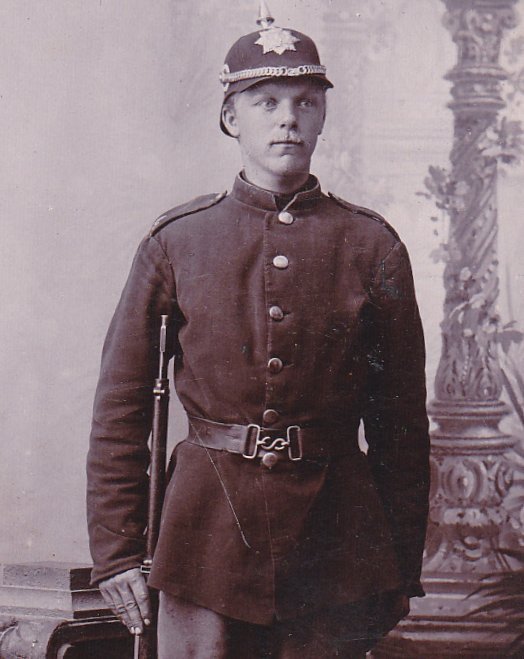 Norwegian Soldier- 1890s Antique Photograph- Spiked Helmet- Mauser Gun- Bolt-Action Rifle- Vossevangen, Norway- CDV Portrait