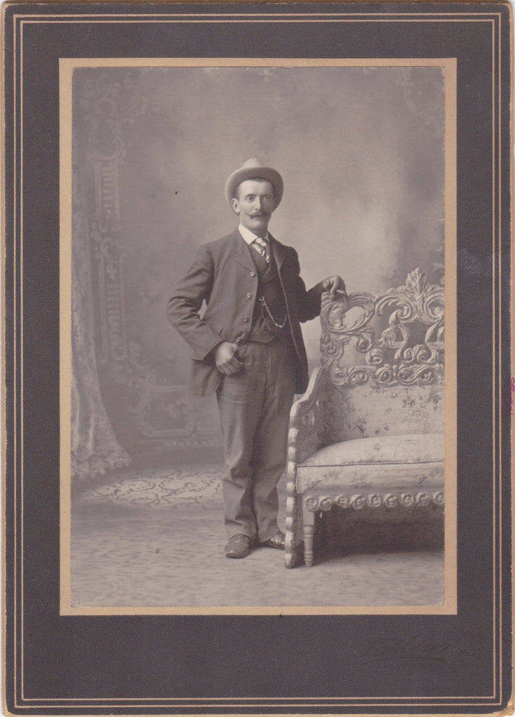 Turn of the Century Man- 1900s Antique Photograph- Edwardian Gentleman- Smoking Cigar- Mustache and Hat- Cabinet Photo- Paper Ephemera