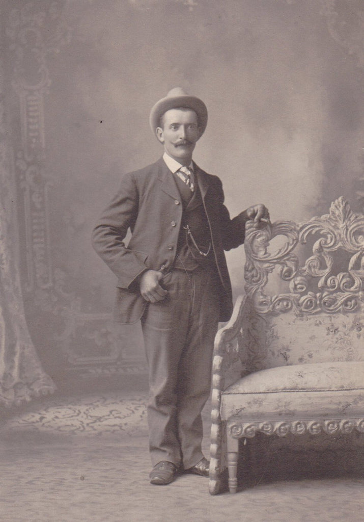 Turn of the Century Man- 1900s Antique Photograph- Edwardian Gentleman- Smoking Cigar- Mustache and Hat- Cabinet Photo- Paper Ephemera