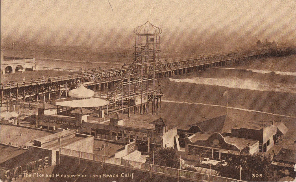 The Pike and Pleasure Pier- 1910s Antique Postcard- Long Beach, California- Edward H Mitchell- Sepia View Souvenir