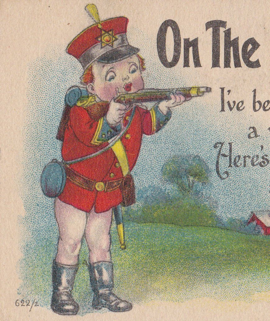On The Firing Line- 1910s Antique Postcard- Aiming to Shoot You- Cupid's Rifle- Edwardian Valentine- Art Comic- S Bergman- Used