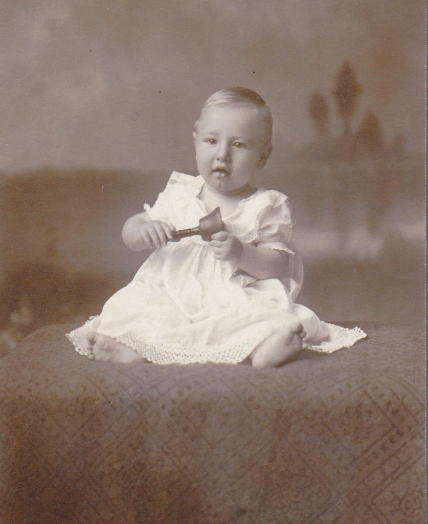 Baby Holding Bell- 1800s Antique Photograph- Victorian Baby- Child Portrait- E T Benson- Sterling, Nebraska- Cabinet Photo- Paper Ephemera