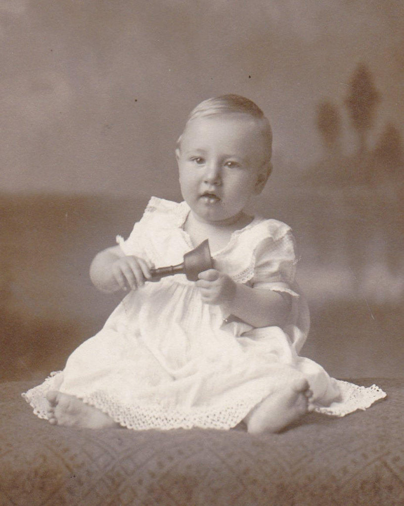 Baby Holding Bell- 1800s Antique Photograph- Victorian Baby- Child Portrait- E T Benson- Sterling, Nebraska- Cabinet Photo- Paper Ephemera