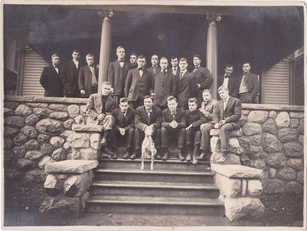 Cold-Spot the Ghost Dog- 1920s Antique Photograph- Men's Fraternity House Mascot- Dalmatian Dog- Group Portrait- Found Photo- Paper Ephemera