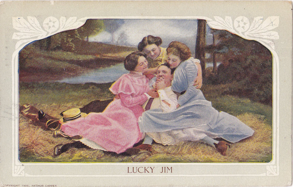 Lucky Jim- 1900s Antique Postcard- Foursome- Edwardian Romance- Beautiful Women- Arthur Capper- Smoking Cigarette- Used