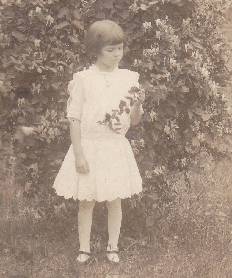 Your Little Friend Elma- 1910s Antique Photograph- Honeysuckle- Edwardian Child- Found Photo- AZO RPPC- Real Photo Postcard