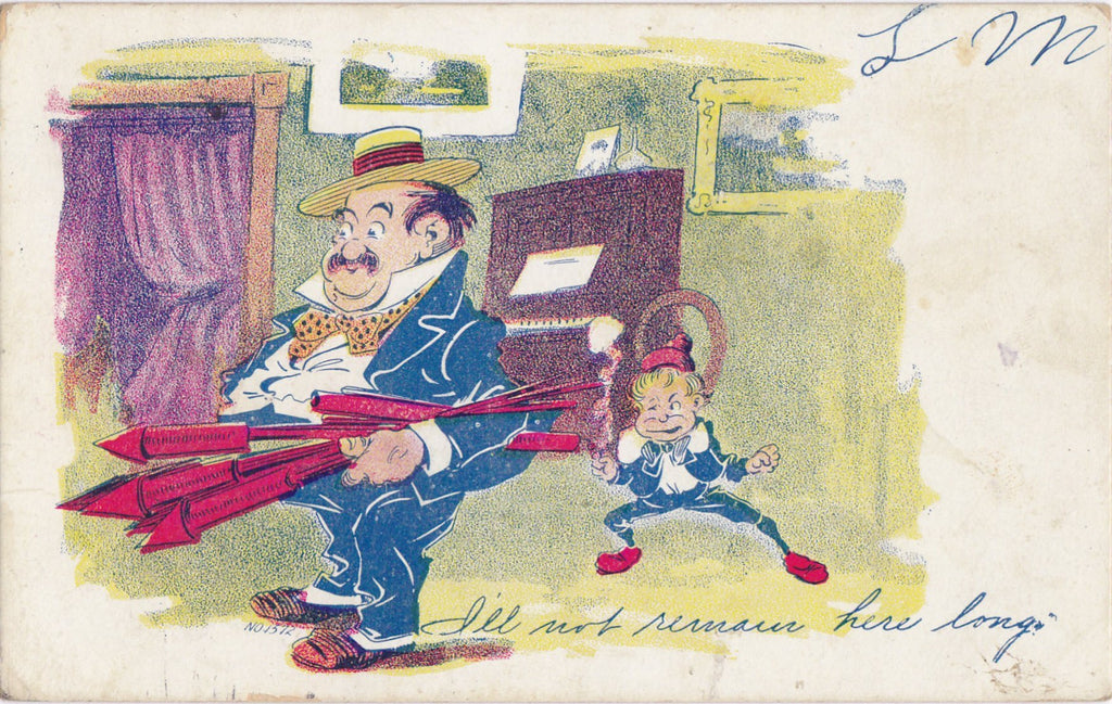I'll Not Remain Here Long- 1900s Antique Postcard- Fireworks- Remington Supply Co- Edwardian Art Comic- Used