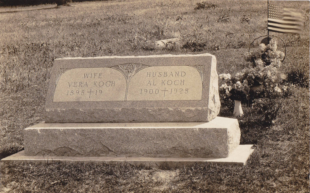 Here Lies Al and Vera Koch- 1920s Antique Photograph- Husband and Wife- Gravestone- Cemetery Photo- Headstone- Memorial Day- Real Photo Postcard- AZO RPPC