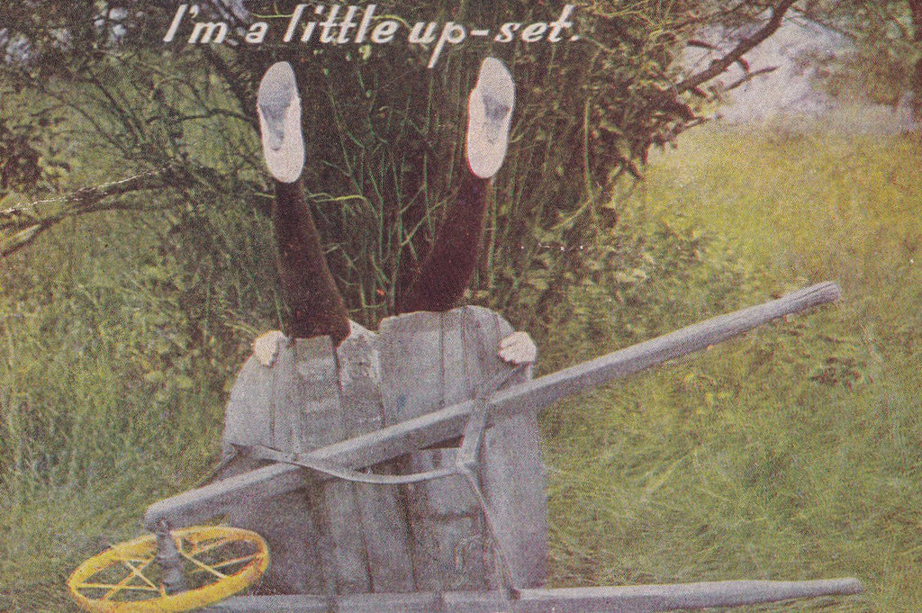 I'm A Little Upset- 1910s Antique Postcard- Edwardian Humor- Benjamin Kress- Garden Wheelbarrow- Visual Pun- Used