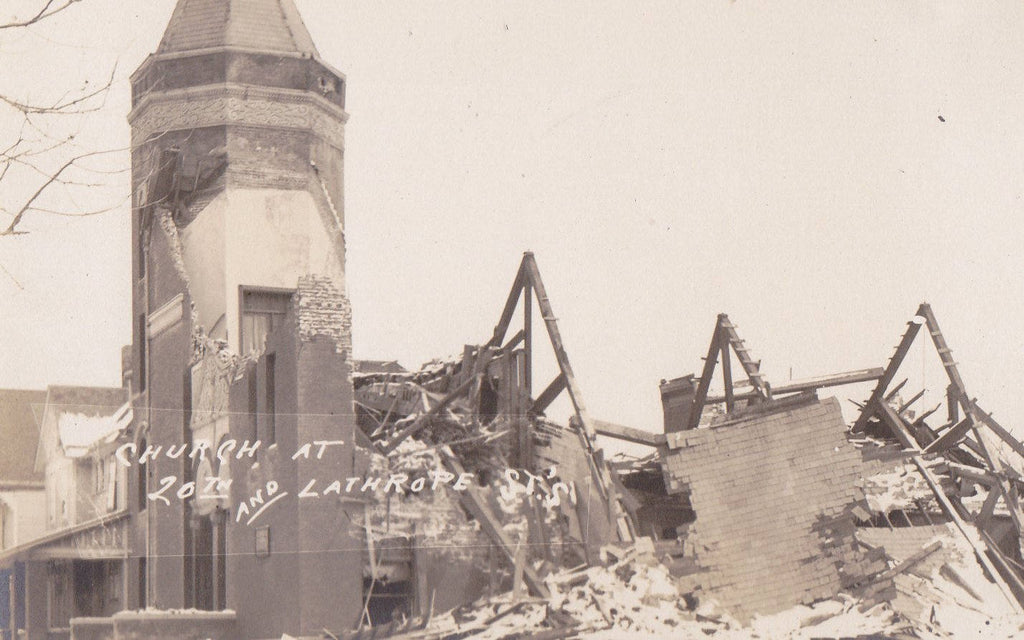 Church in Ruins at 20th and Lathrope- 1910s Antique Photograph- Natural Disaster- Tornado Aftermath- AZO RPPC- Real Photo Postcard- Found Photo