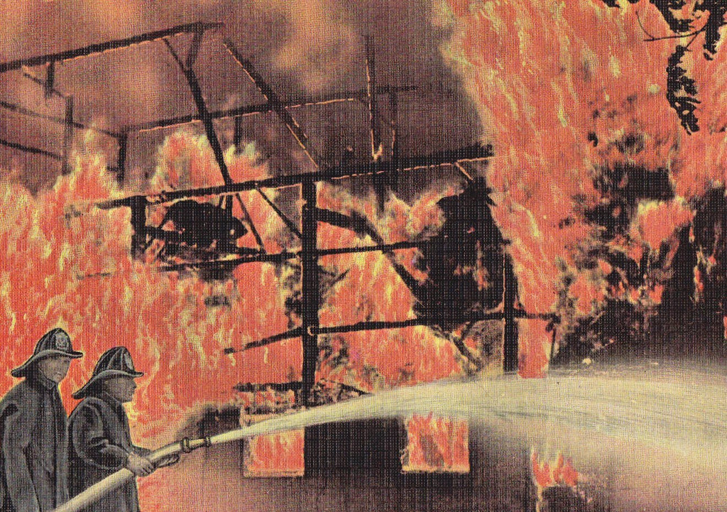 Firefighters- 1940s Vintage Postcard- Burning Building- Fire Disaster- Firemen- Occupational- E C Kropp- Unused