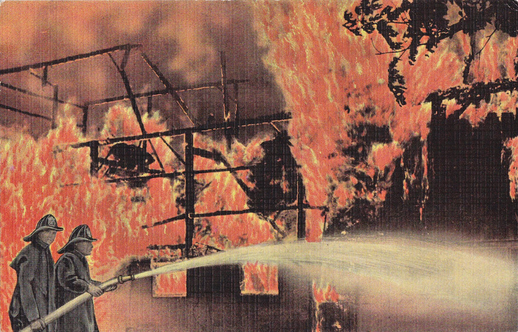 Firefighters- 1940s Vintage Postcard- Burning Building- Fire Disaster- Firemen- Occupational- E C Kropp- Unused