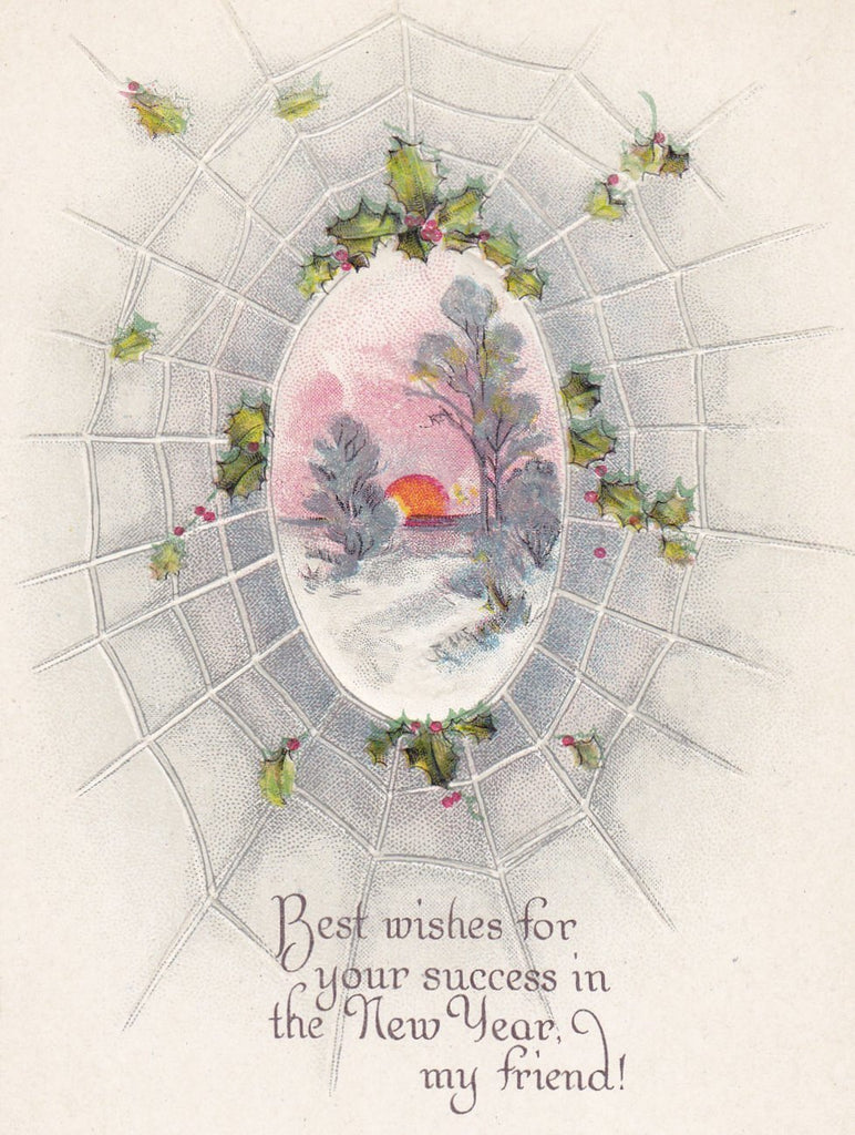 Best Wishes For Success- 1910s Antique Postcard- Edwardian New Year- Spiderweb- S Bergman- Embossed- Holiday Card- Unused