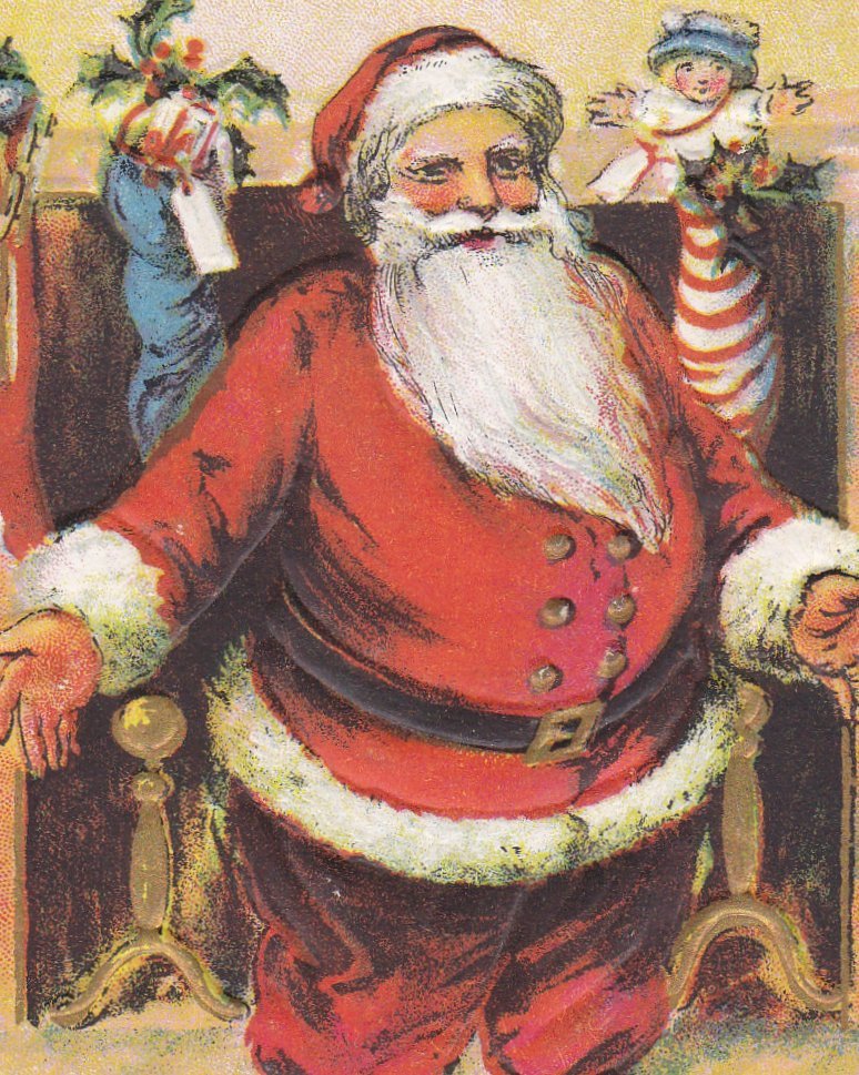 Edwardian Santa- 1900s Antique Postcard- Merry Christmas- Fireplace Stockings- Santa Claus Art- Holiday Decor- Used