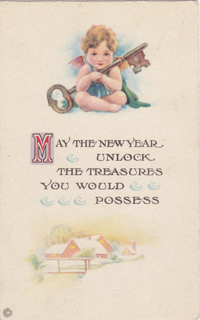Unlock the Treasures You Would Possess- 1920s Antique Postcard- New Year- Skeleton Key- Cherub Angel- Stecher Lith. Co- Used