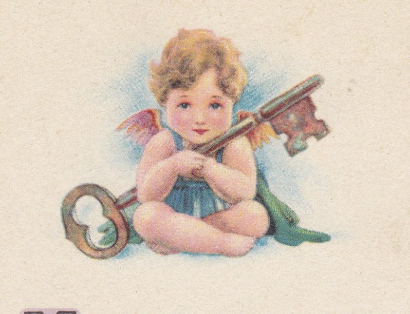 Unlock the Treasures You Would Possess- 1920s Antique Postcard- New Year- Skeleton Key- Cherub Angel- Stecher Lith. Co- Used
