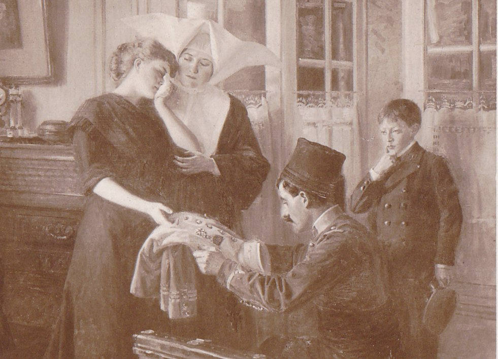 Glorious Relics- 1910s Antique Postcard- WWI Soldier- Greiving Widow- WW1 French Art- Leonie Michaud- Edwardian Mourning- A. Noyer