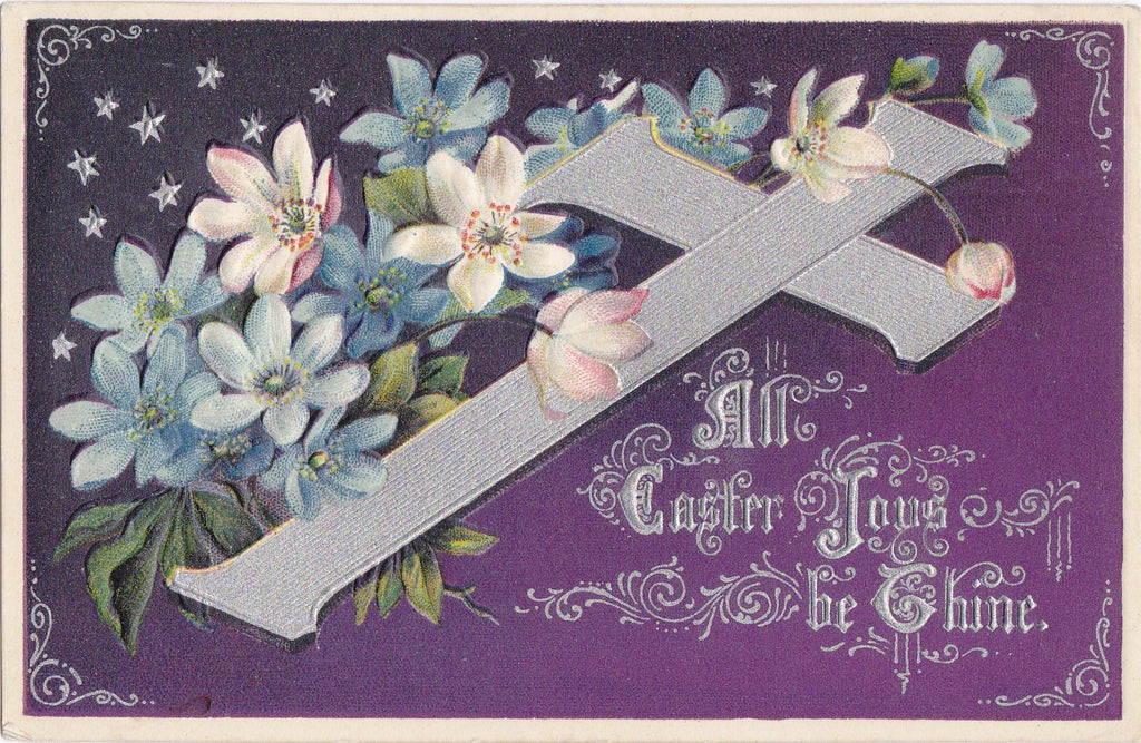 Easter Joys Be Thine- 1910s Antique Postcards- SET of 2- Easter Cross Flowers- Crown Of Thorns- Butterfly- Edwardian Floral- Embossed- Used