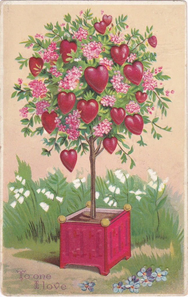 To One I Love- 1900s Antique Postcard- Edwardian Valentine- Red Hearts Tree- Floral Art- Queen of Hearts- Garden- Used
