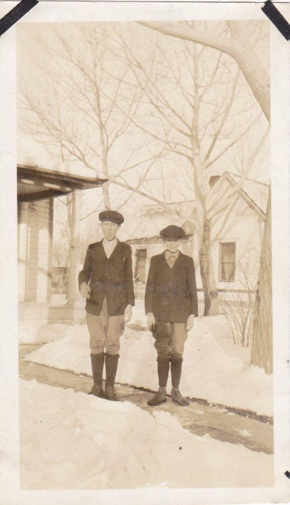 Boyscout Salute- 1920s Antique Photographs- SET of 2- Silly and Serious Brothers Snapshots- Found Photos- Winter Snow- Vernacular- Ephemera