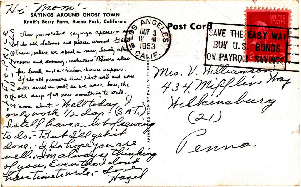 Sayings in Ghost Town- 1950s Vintage Postcard- Knott's Berry Farm, Buena Park, California- Souvenir- Paper Ephemea- Used
