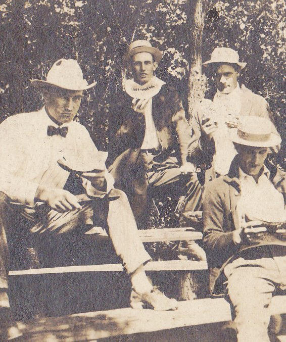 Eating Watermelon- 1900s Antique Photograph- Edwardian Men- Park Bench- Found Photo- Real Photo Postcard- AZO RPPC