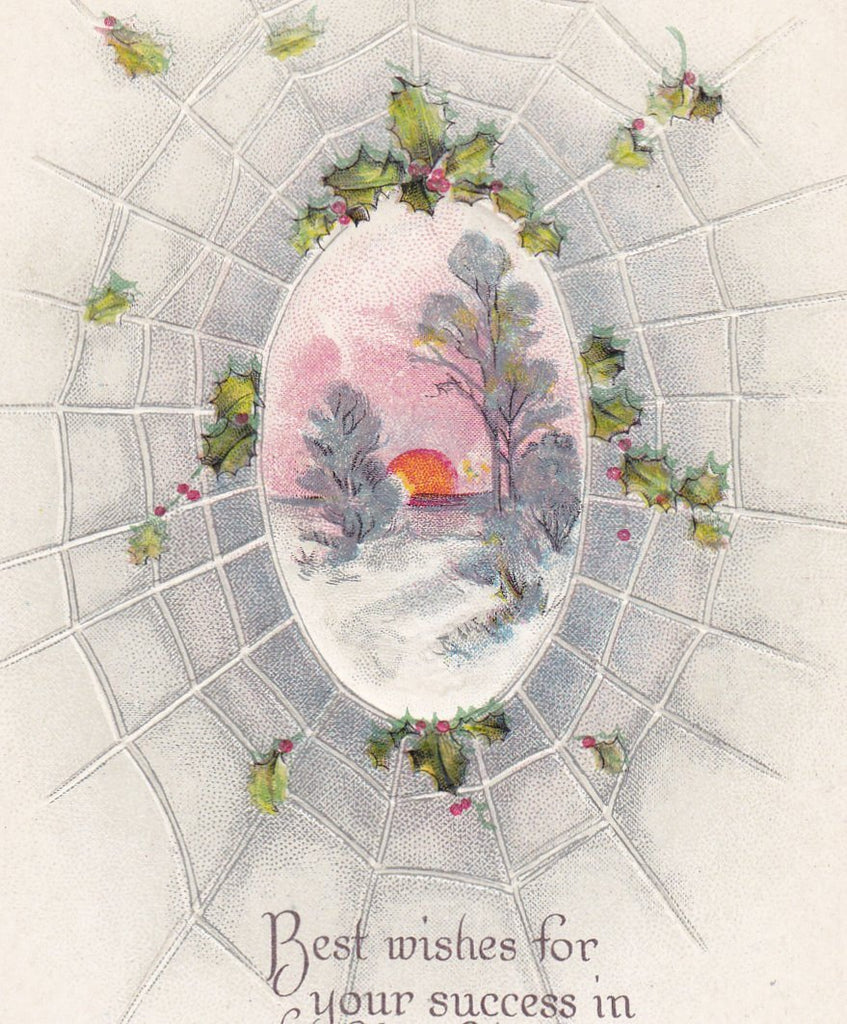Best Wishes For Success- 1910s Antique Postcard- Edwardian New Year- Spiderweb- S Bergman- Embossed- Holiday Card- Unused