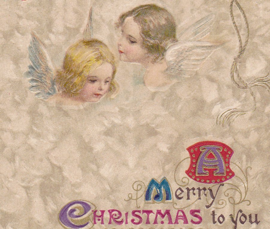 Christmas Cherubs- 1910s Antique Postcard- Edwardian Christmas Angel- John Winsch- Bells and Holly- Used