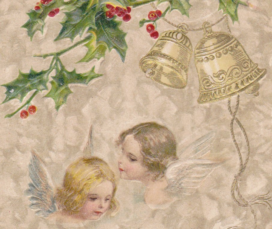 Christmas Cherubs- 1910s Antique Postcard- Edwardian Christmas Angel- John Winsch- Bells and Holly- Used