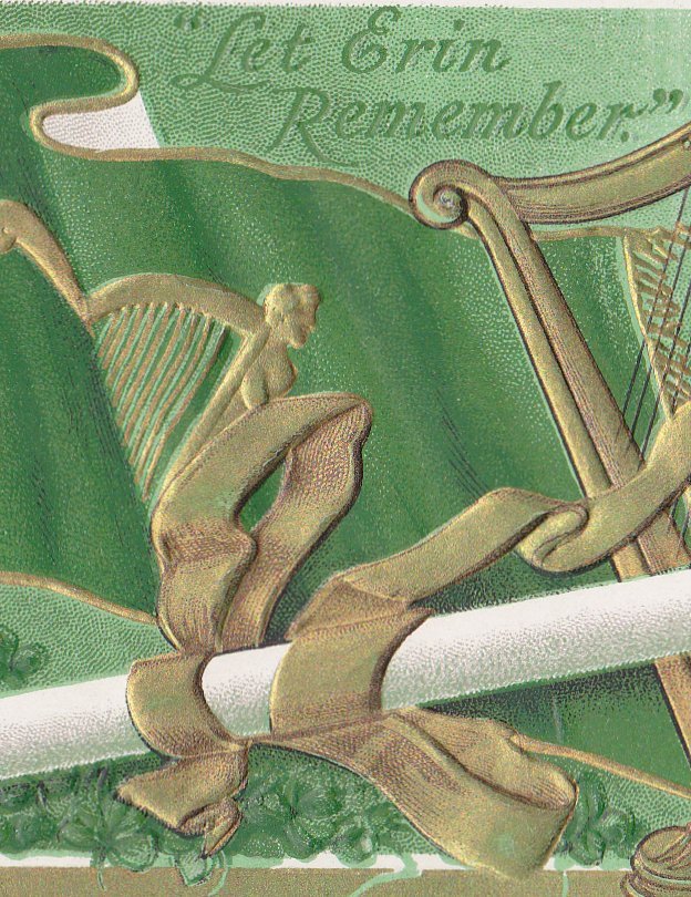 Let Erin Remember- 1910s Antique Postcard- St Patrick's Day- Irish Harp- Clay Pipe- Edwardian Ireland- Embossed- H.S.V. Litho. Co.- Used