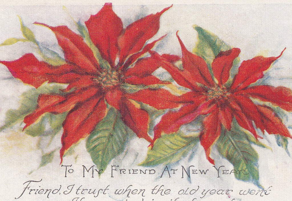 To My Friend at New Year- 1920s Antique Postcard- Poinsettia Flowers- Friendship- Unused