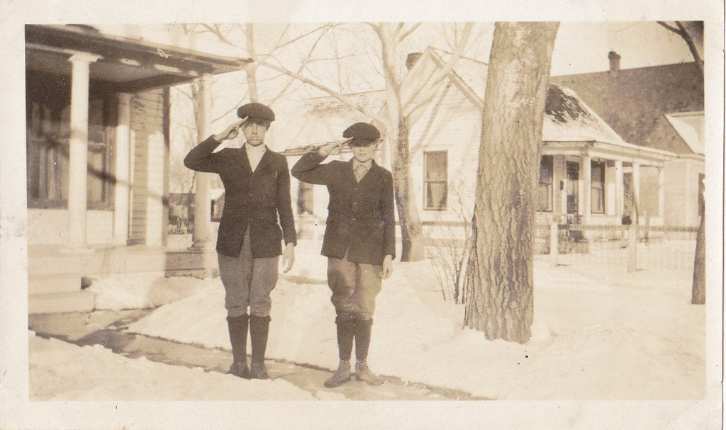 Boyscout Salute- 1920s Antique Photographs- SET of 2- Silly and Serious Brothers Snapshots- Found Photos- Winter Snow- Vernacular- Ephemera