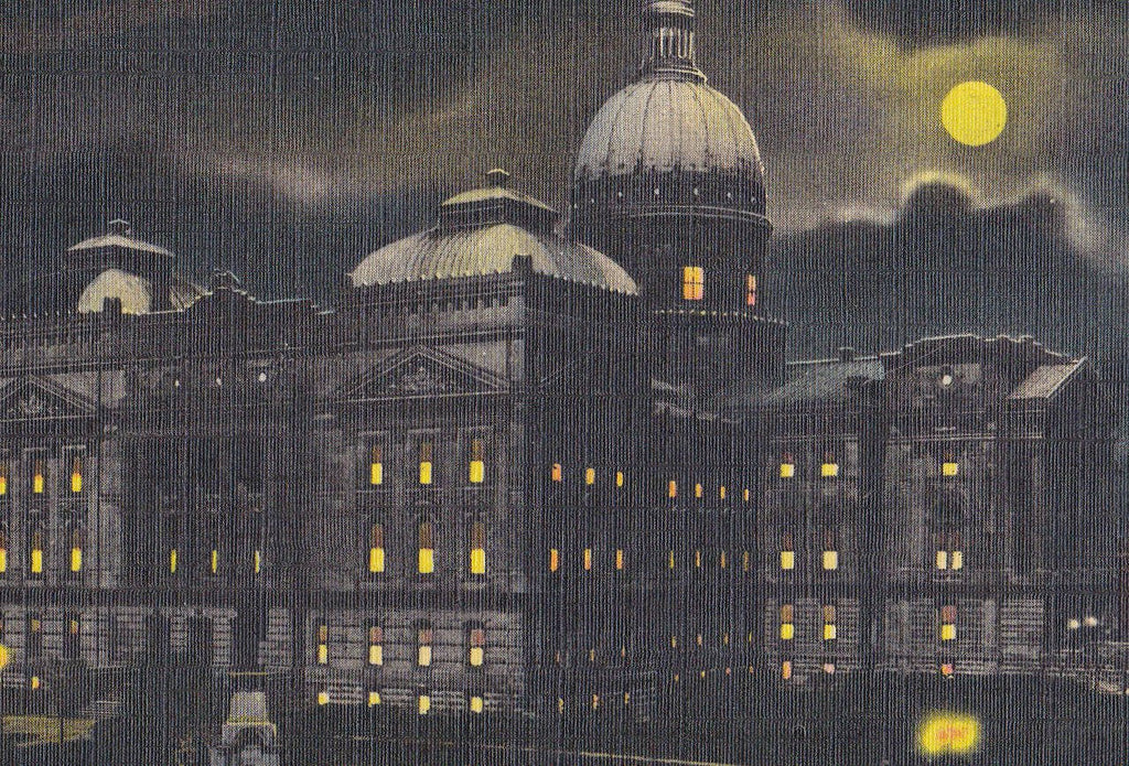 Indiana State Capitol By Night- 1930s Vintage Linen Postcard- Indianapolis, IN- Craft Greeting Card Co- Souvenir View- Nighttime View