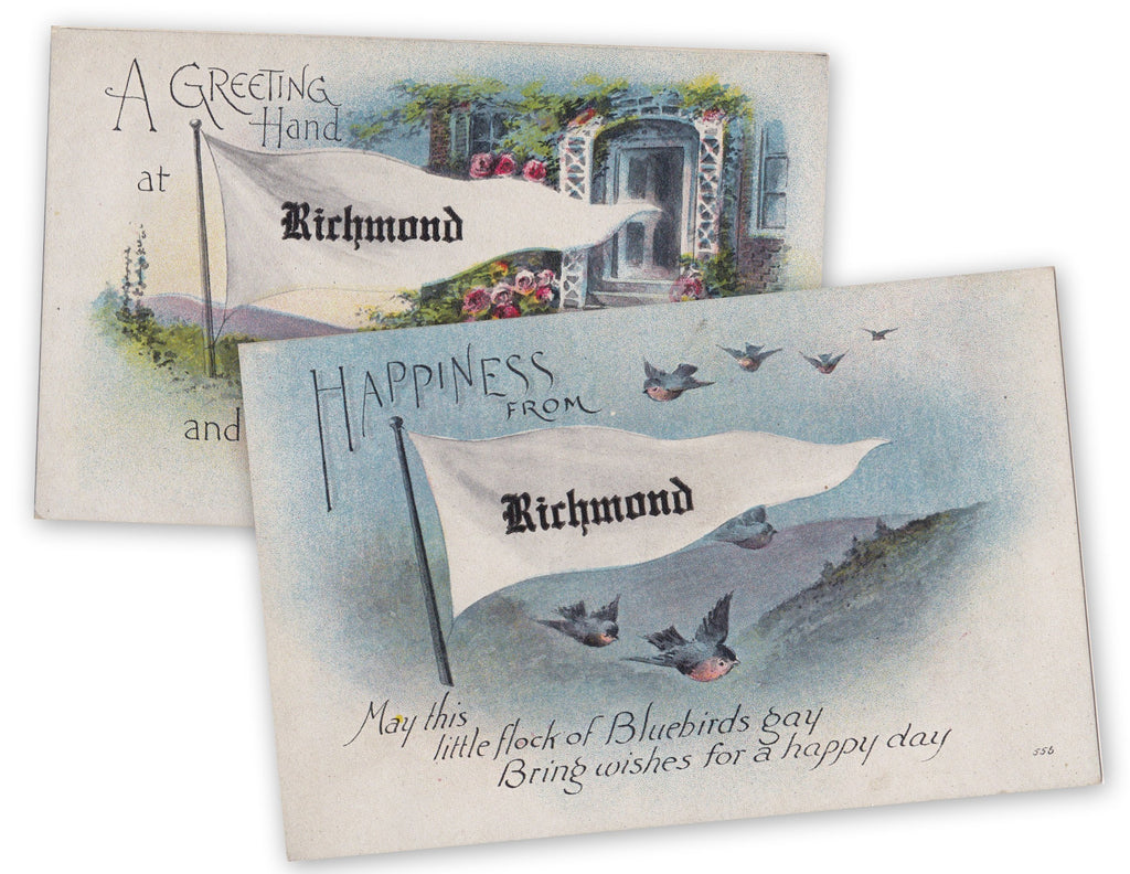 Happiness from Richmond- 1900s Antique Postcards- SET of 2- Richmond, VA- Blue Birds- Pennant Flag- Virginia Souvenir- Unused