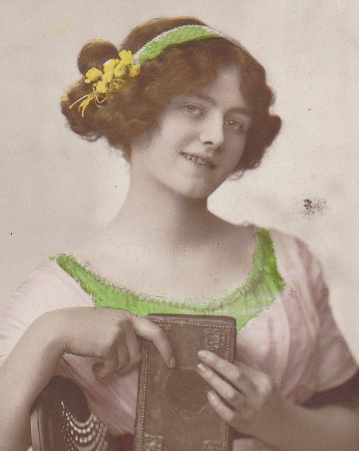 Most Essential- 1900s Antique Photograph- Edwardian Beauty- Hand Tinted- Woman with Book- Real Photo Postcard- Rotary RPPC