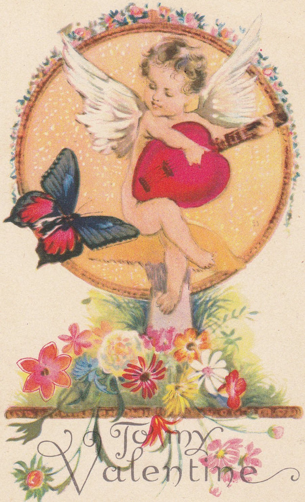 Cupid's Love Song- 1910s Antique Postcard- Edwardian Valentine- Butterfly- Mushroom Toadstool- Fantasy Art- Karle- Unused