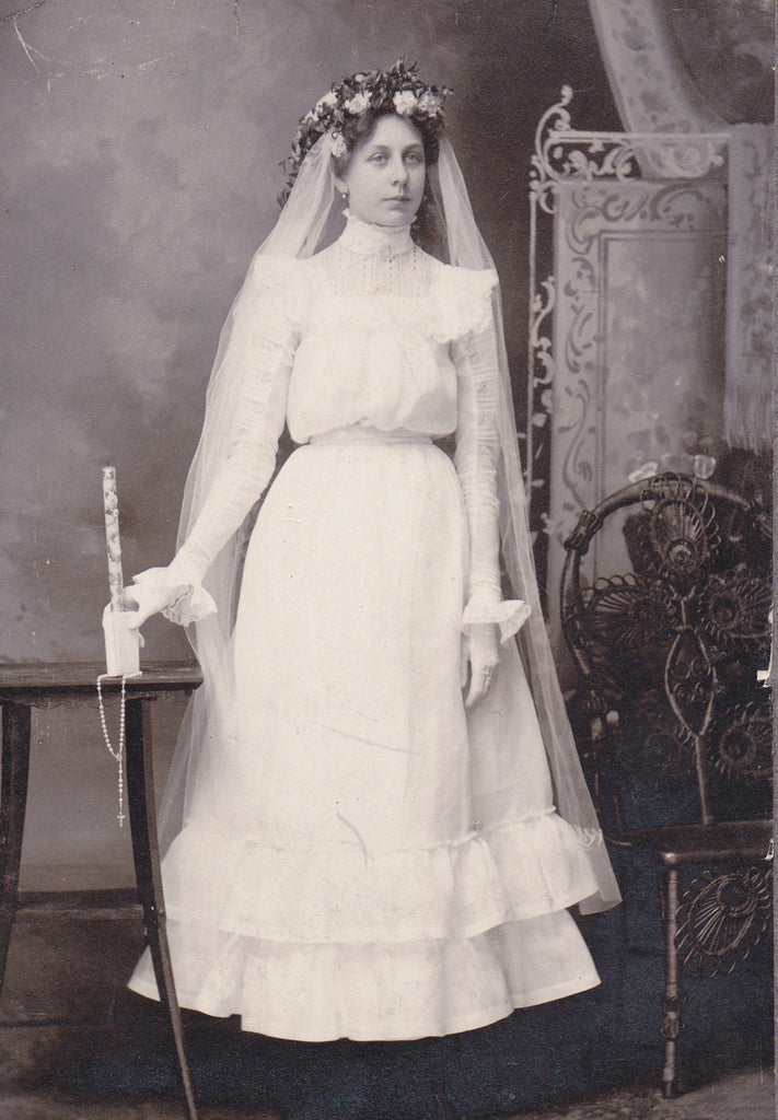 Miss Gertrude Bivens- 1890s Antique Photograph- First Holy Communion- Victorian Confirmation Girl- Evansville, IN- Cabinet Photo- Photographer A J Feay