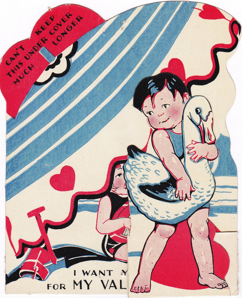 Can't Keep This Under Cover Much Longer- 1930s Vintage Valentine Card- Inflatable Swan- I Want You- Used