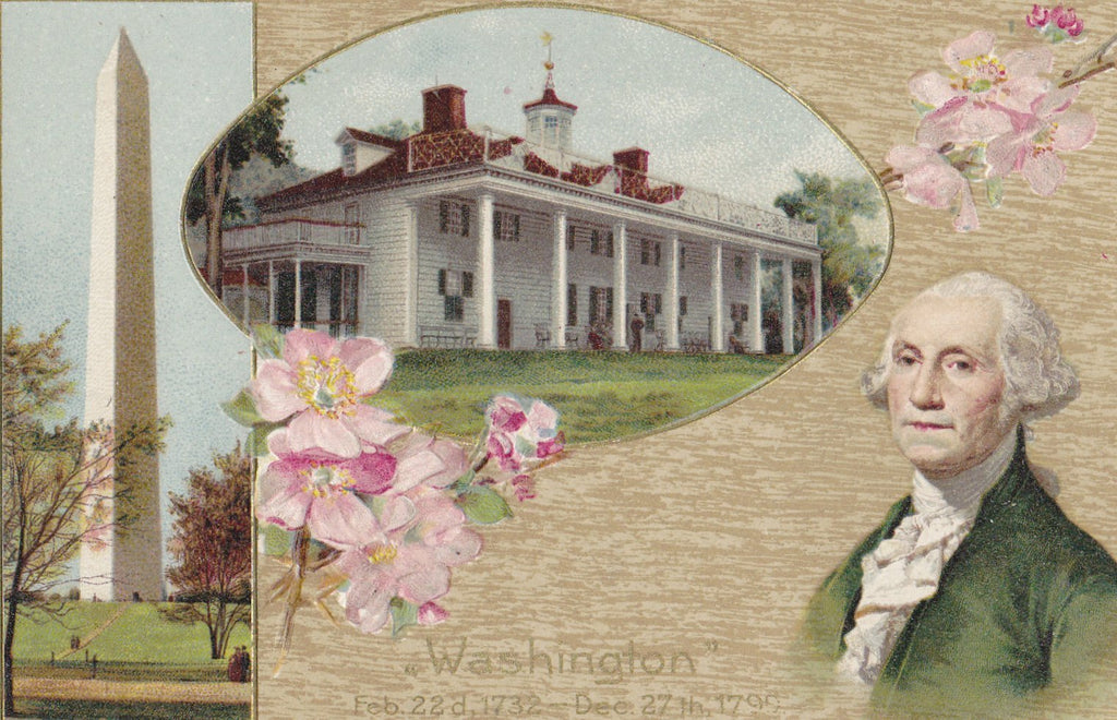 Washington's Birthday- 1910s Antique Postcard- February 22- George Washington Monument- Cherry Blossoms- American President- Used