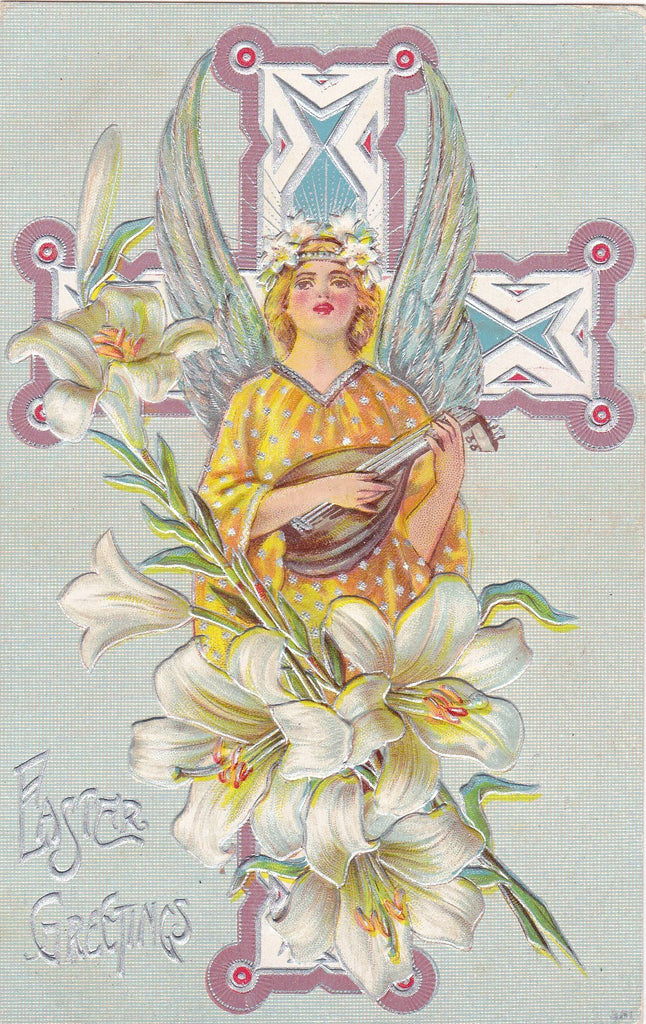 Easter Angel Lutenist- 1910s Antique Postcard- Lute Player- Edwardian Easter- Art Nouveau- Easter Lily- Embossed- Used