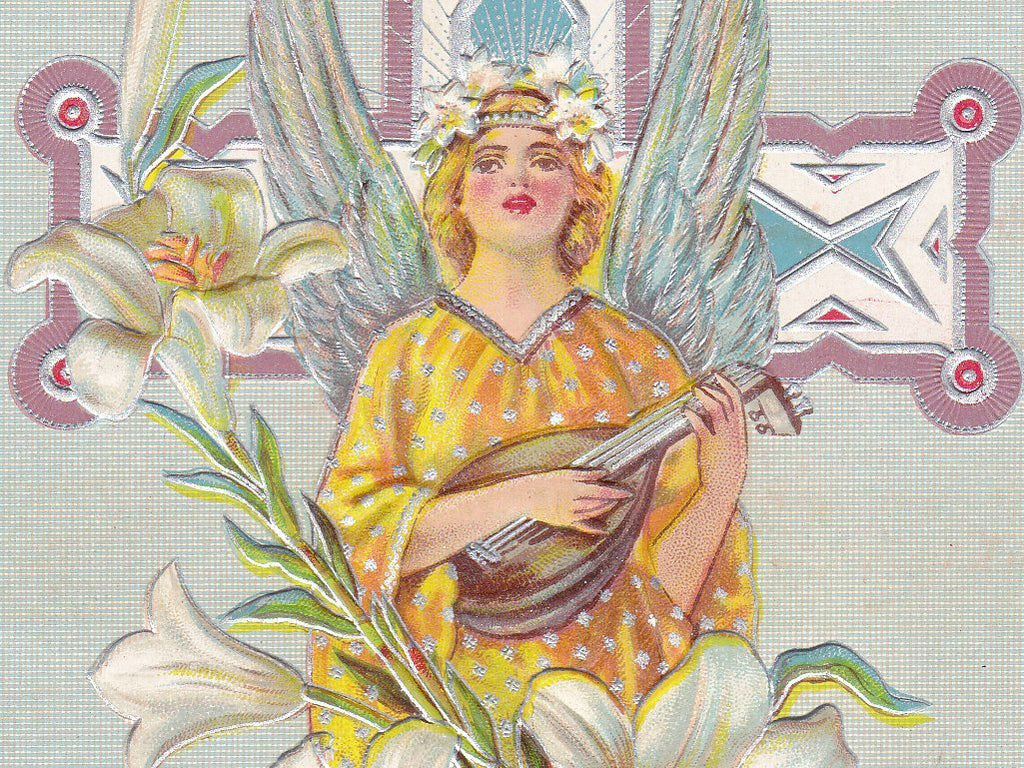Easter Angel Lutenist- 1910s Antique Postcard- Lute Player- Edwardian Easter- Art Nouveau- Easter Lily- Embossed- Used