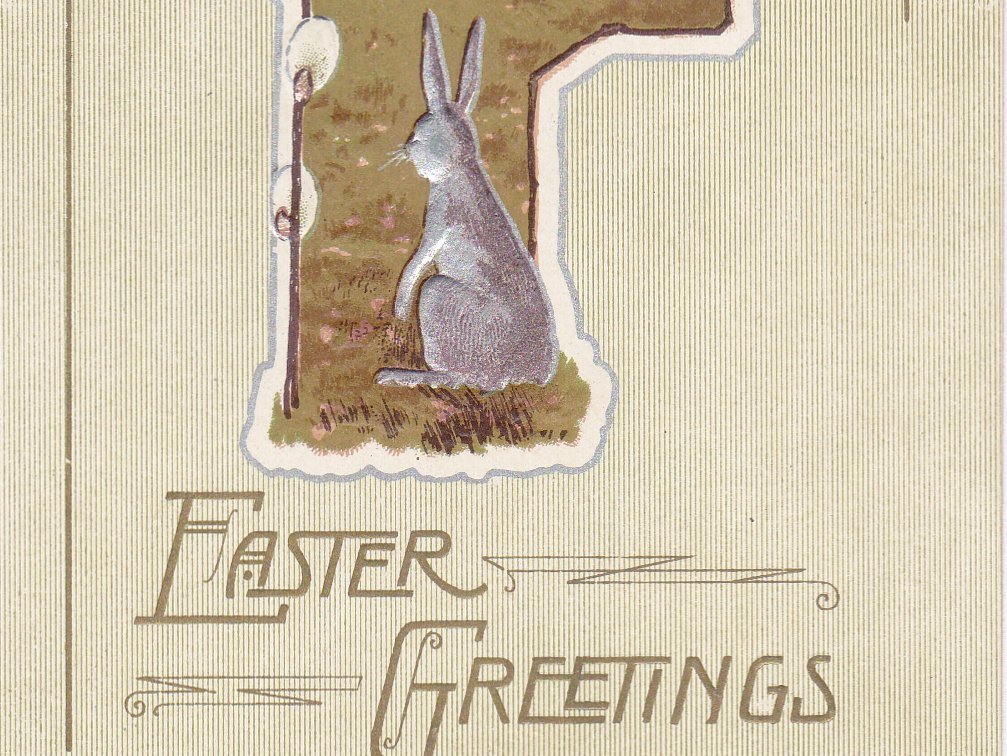 Silver Rabbit- 1900s Antique Postcard- Edwardian Easter Bunny- Pussy Willow- Art Nouveau- Spring Decor- Embossed- Used