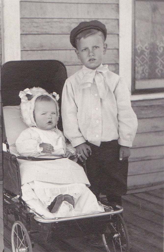 Dubious Darlings- 1900s Antique Photograph- Edwardian Children- Brother and Sister- Baby Carriage- Real Photo Postcard- RPPC- Paper Ephemera