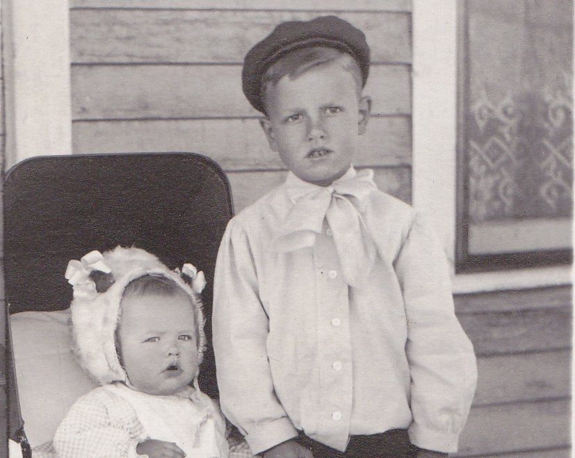 Dubious Darlings- 1900s Antique Photograph- Edwardian Children- Brother and Sister- Baby Carriage- Real Photo Postcard- RPPC- Paper Ephemera