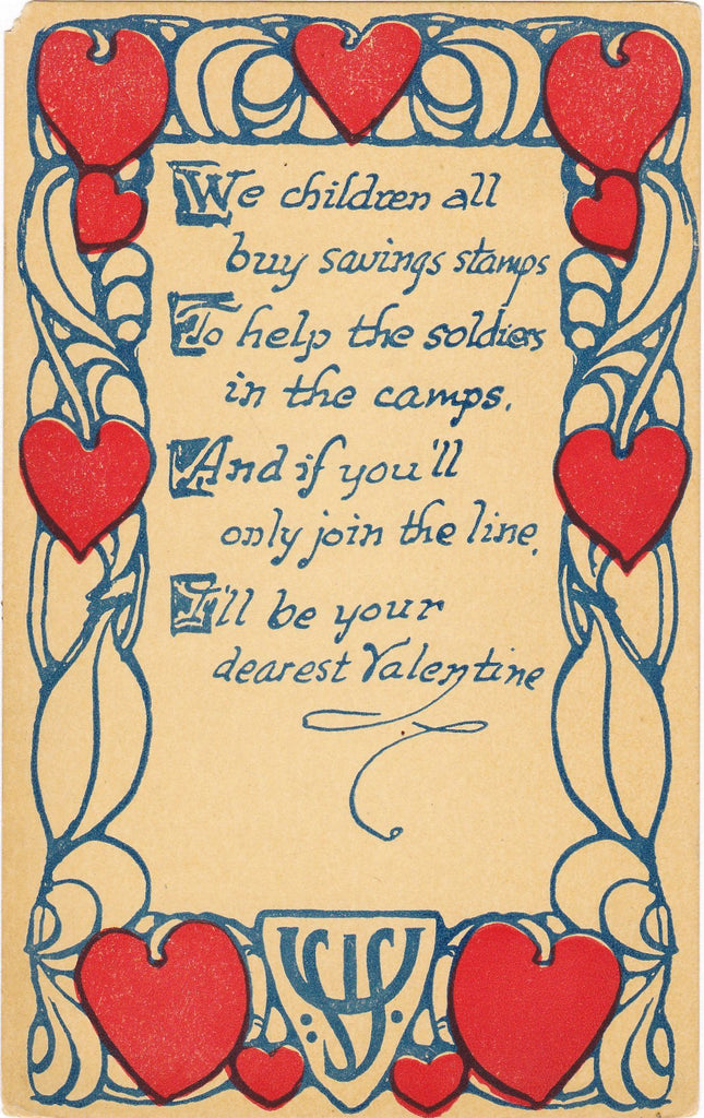 We Children All Buy Saving Stamps- 1910s Antique Postcard- WWI Valentine- First World War Savings Stamps- Patriotic- Paper Ephemera
