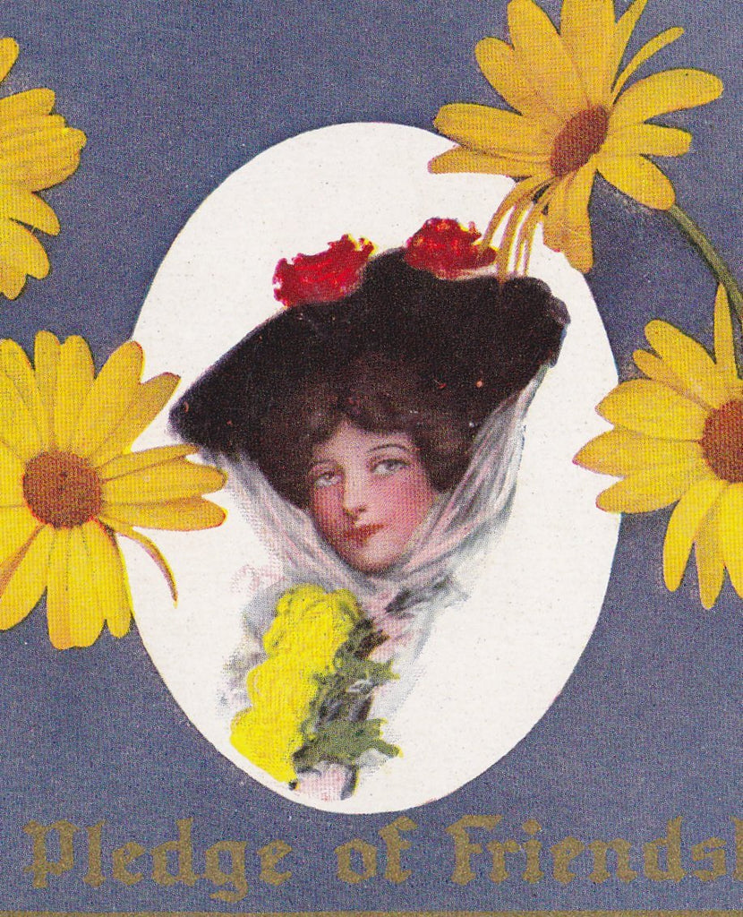 Pledge of Friendship- 1910s Antique Postcard- Edwardian Friends- Yellow Daisy Flowers- Floral Greeting- Used