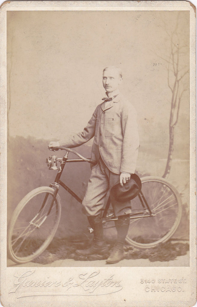 Victorian Cyclist- 1800s Antique Photograph- 19th Century Bicycle- Chicago, IL- Cabinet Photo- Vernacular- Studio Portrait- Ephemera