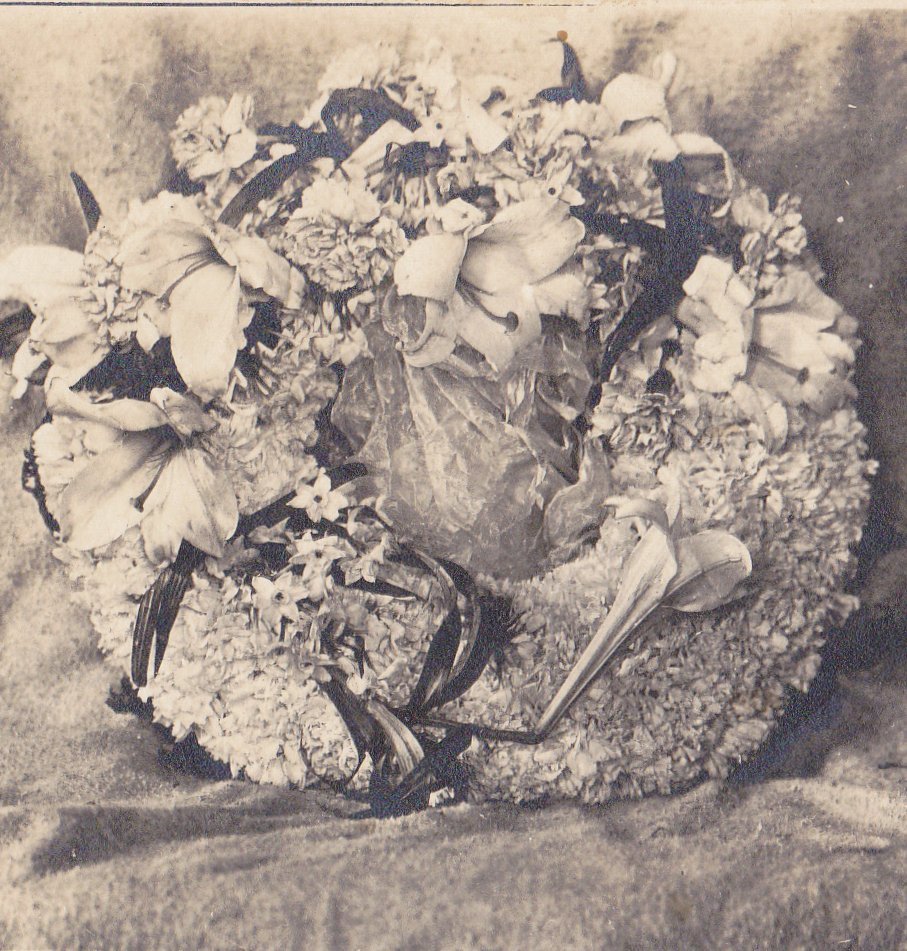 Memorial Wreath- 1900s Antique Photograph- Funeral Flowers- Carnations, Lilies- AZO RPPC- Real Photo Postcard